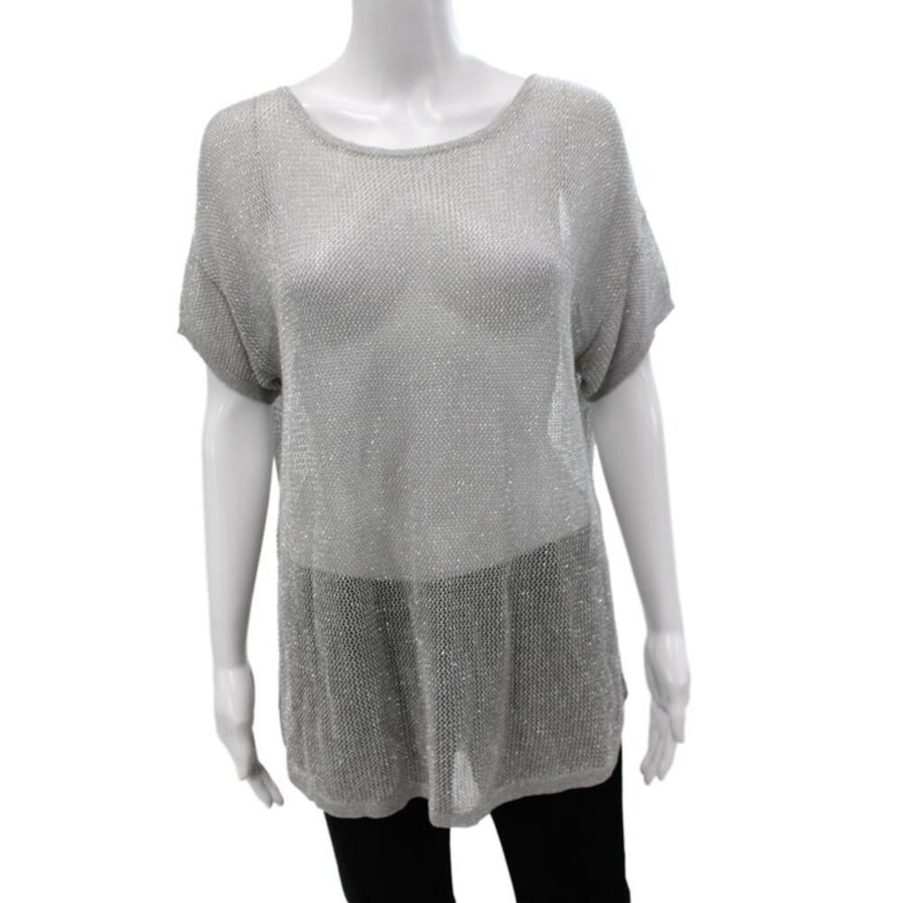 Michael Michael Kors Women Silver Metallic Tunic Blouse Short Sleeve Size PL